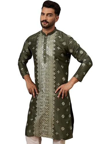 Image of Men's Solid Calf Length Silk Blend Embroidered Kurtas | Men | Kurtas for Mens | Straight Fit Kurta for Men's