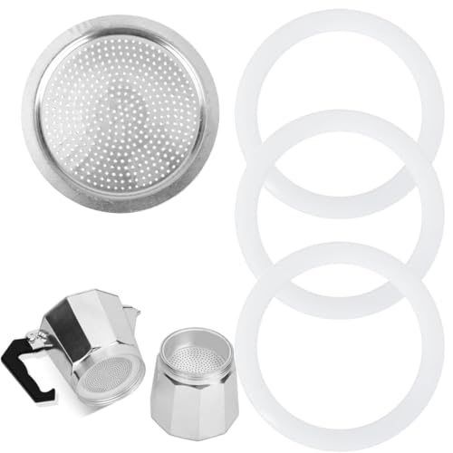 DOKRIN Filtres à café réutilisables, Joint universel pour cafetière et filtre en acier inoxydable, 6 tasses 300 ml (3 joints en silicone + 1 filtre)