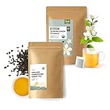 Fescha Organic Gunpowder Green Tea(10oz) & Organic Jasmine Green Tea Bags(50 count), Packed by Resea