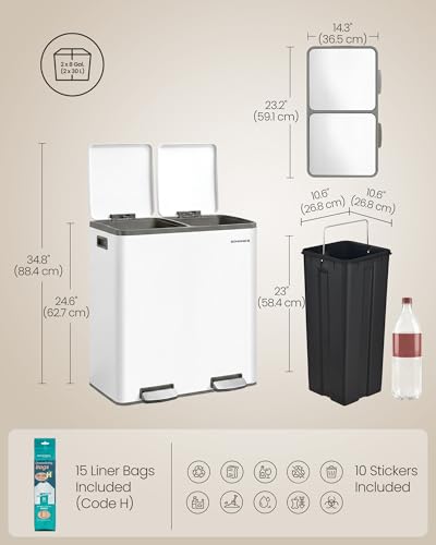 Image of SONGMICS Trash Can, Double Compartment Garbage Can, Stainless Steel | 2 X 8 Gallon (2 x 30 L) for Recycling, with 15 Liner Bags, Soft-Close Lids, Removable Buckets, White ULTB160WZ01