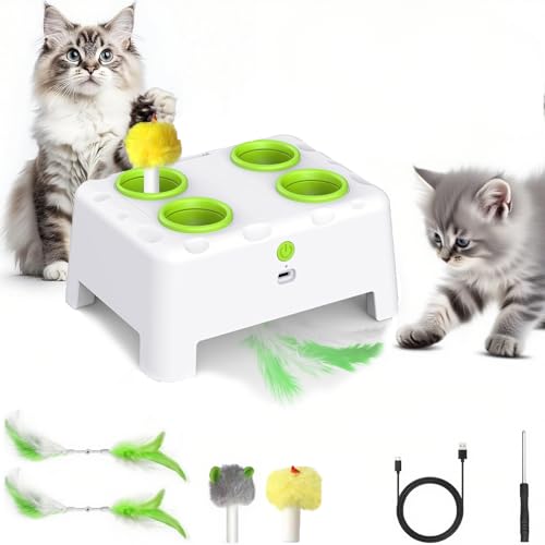 STERIX 2-in-1 Interactive Cat Toy for Indoor Cats Automatic Kitten Toys Moving Concealed Feathers 4 Holes Mice Whack A Mole Cat Kitten Toy Indoor exercise for bored adult cats & kittens