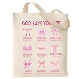 VeloKomo Bow Canvas Tote Bag - Cotton Tote Bags Gift Pink Bow Bible Verse Gift Work Travel Shoulder Shopping Grocery Reusable Aesthetic Birthday Gifts for Women Lovers Mom Sister