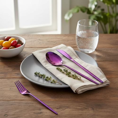 Image of 25 Pcs Pink Cutlery Set for Dining Table the Perfect Lightweight Silim Handle Tableware Including Dinner Spoon, Dinner Fork, Dinner Knife, Dessert Spoon & Dessert Fork