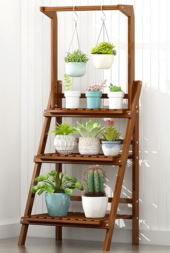 miluFox植木鉢ラックフラワーラック鉢植えハンギングガーデニングガーデン収納屋外屋内バルコニー竹 (ちゃいろ,3階の長さは50 cmです。)