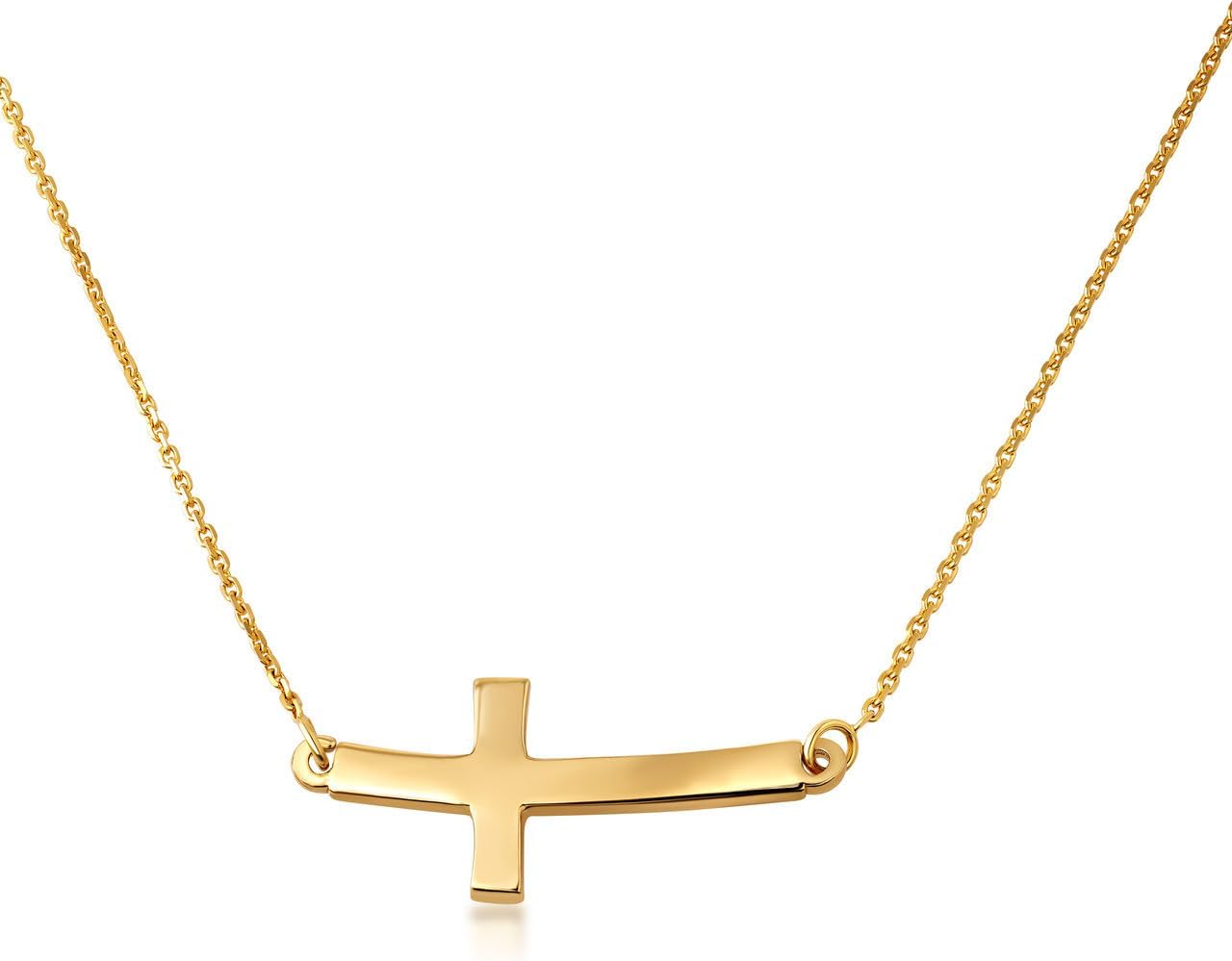 14K White or Yellow Gold Sideways Curved Cross Necklace - Choice of Metal Color and Necklace Length