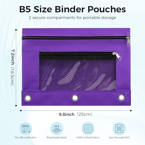 Image of Pencil Pouch for 3 Ring Binder, Pencil Case Bag with Zipper, 600D Fabric Pencil Pouch Holder Accessories, Clear Window Pencil Case Aesthetic Back to School Organizer Pockets for Boy Girl (Purple)
