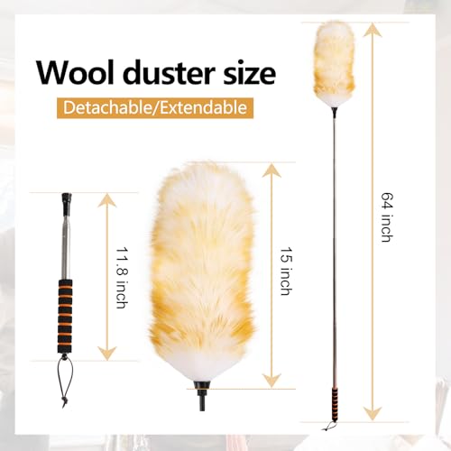Image of Lambswool Extendable Cleaning Duster 26-64 Inch Two-Pack, Anti-Static Wall Duster Cleaner with Sponge Grip and Stainless Steel Extension Pole for High Ceiling Fan, Interior, and Roof Dusting