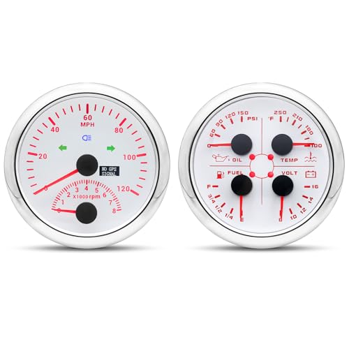 ARTILAURA GPS Speedometer Gauge Set - 2 in 1 GPS Speedometer with Tachometer, 4 in 1 Oil Pressure Water Temperature Fuel Level Voltage, AUTO Boat Gauges Set for Car Marine (White)
