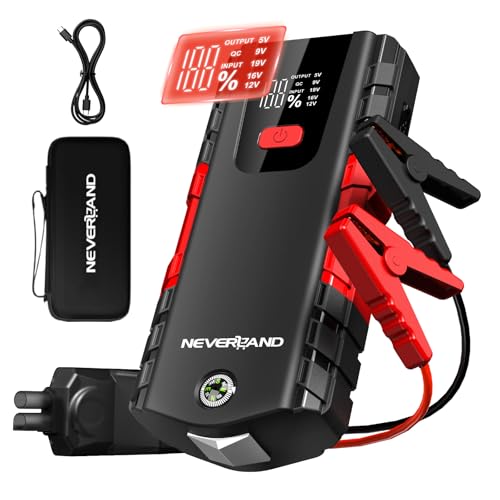 NEVERLAND Arrancador de Coches 6000A, 12V Arrancador de baterias de Coche(para 8.5L de Gasolina o 8L de Diésel) Jump Starter con Linterna LED de Emergencia, Carga Rápida
