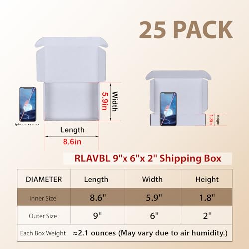 Image of RLAVBL 9x6x2 Shipping Boxes Set of 25, White Corrugated Cardboard Box for Packing, Mailing, Business