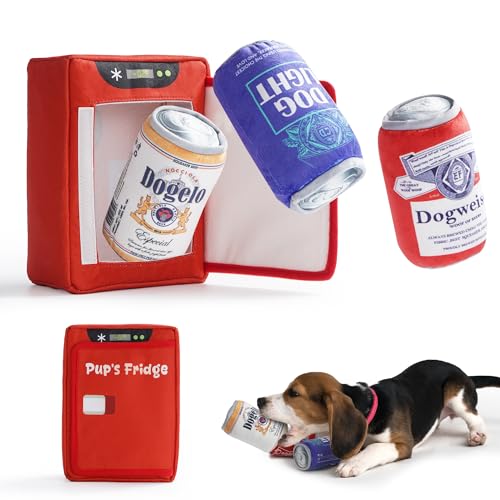 Nocciola Squeaky Beer Dog Toys with a Fridge Funny Crinkle Hide and Seek Dog Chew Toys for Small Medium Large Breeds Plush Stuffed Puppy Birthday Gifts