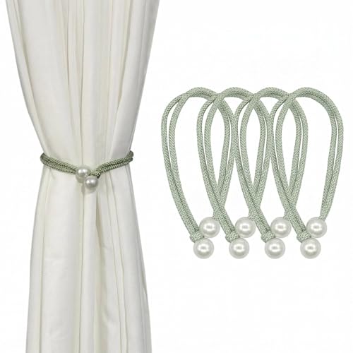 Image of PLUSHCEWT Adjustable Curtain Tie Backs 2 Pairs, Polyester Curtain Holdbacks with Plastic Pearl Pendant & Decorative Knot, No Drill Window Curtain-Ties for Living Room Bedroom (Green)