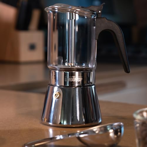Image of The London Sip Glass and Stainless Steel Stovetop Espresso Maker Moka Pot Italian Coffee Percolator, Glass, Medium (10.14 oz)