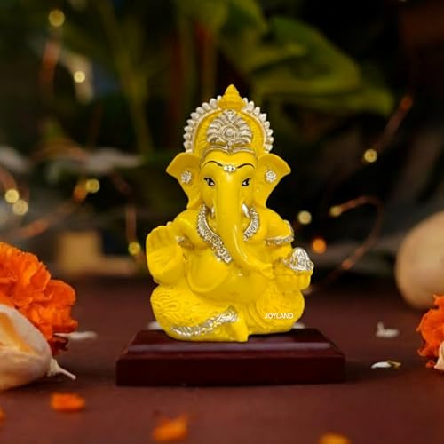 Image of JOY LAND Lord Ganesha Car Dashboard Idol | White & Gold Ganesh Murti for Car Dashboard, Home & Office Decor (Yellow Gold)