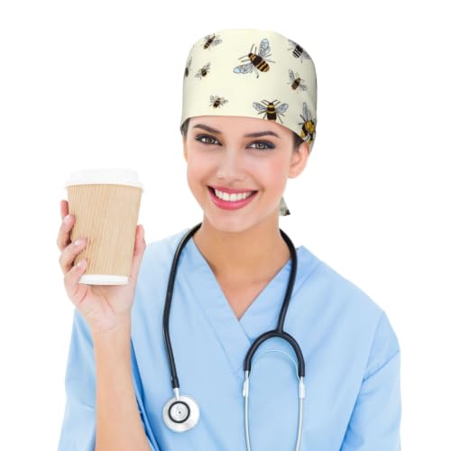 Image of Cute Pug Dog Print Working Cap Scrub Cap with Sweatband,Adjustable Fashion Bandage Tie Back Hat Headwear for Women Men