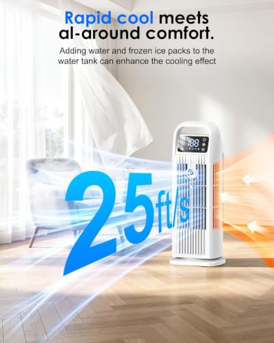 Image of Portable Air Conditioner, 4 in 1 Evaporative Air Cooler with Remote Control, 1200ML Water Tank, 120 Oscillating, 4 Speeds, 12H Timer, Mist Spray Tower Fan for Home Office, White