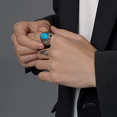 VQYSKO Retro Turquoise Ring for Men, Stainless Steel Oval Biker Ring,Ideal Gift for Dad,Boyfriend,Blue/Black/Brown/White Color for Choice (Blue, 8)
