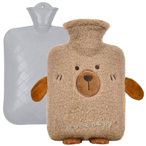 Wärmflasche mit Bezug, 1 Liter Wärmflasche Bezug Abnehmbar, Wärmflasche Tier Kinder mit Kuschelweichem Bezug, Wärmflaschen Auslaufsicher Hot Water...