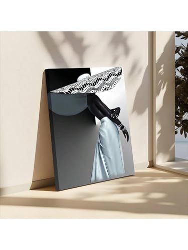 Peinture femme africaine noire et blanche sur toile avec cadre 70x110 cm