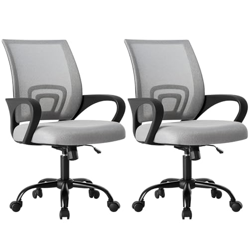 OLIXIS Office Desk Chair - Ergonomic Mid Back with Lumbar Support & Rocking Mode Height Adjustable with Fixed Armrest for Home Computer Gaming Conference Meeting Room 360 Swivel Grey 2 Pack