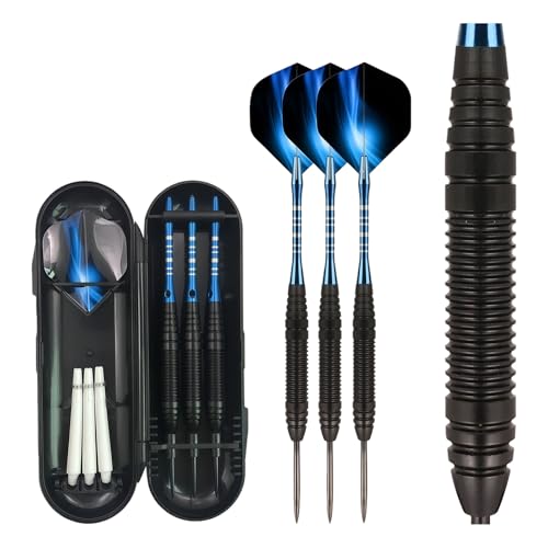 Collenatsy Ensemble de fléchettes en tungstène, 3 fléchettes en acier, fléchettes avec pointe en métal, tiges en aluminium, étui, ailettes, set de fléchettes en acier avec accessoires (Bleu)