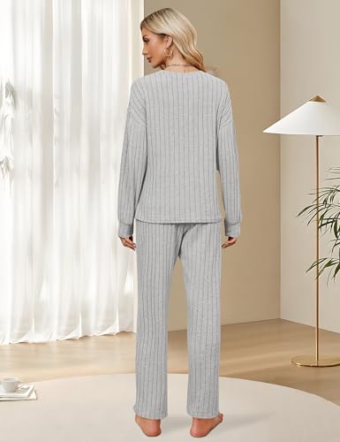 Image of Blooming Jelly Women Ribbed Long Sleeve Pajama Sets Fall Loungewear Pockets