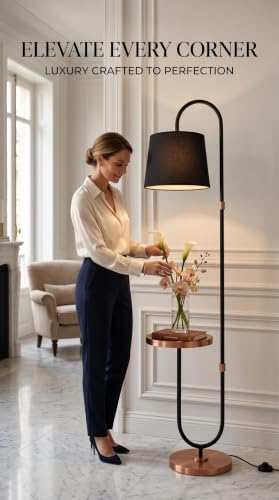 Image of Deco Crush Modern Floor Lamp Standing Antique Brass Finish Gold for Home Decoration, 5ft Height with Black Lampshade (Pack of 1) (Rose Gold Black)