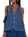 Tankaneo Womens Halter Denim Vest Tops Summer Open Back Y2K Going Out Tank Tops V Neck Button Down Jean Shirts