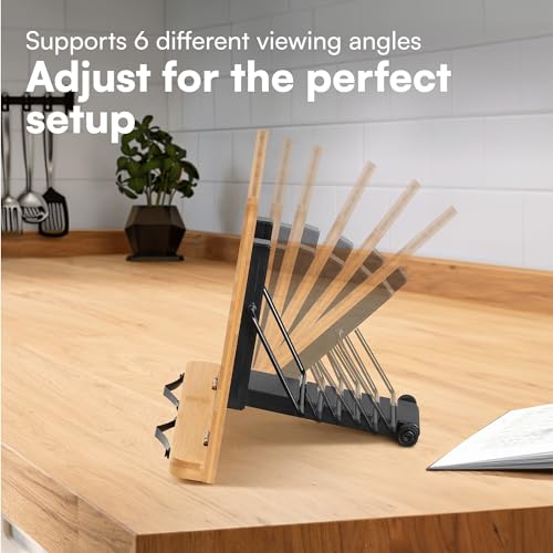 H&S Recipe Book Stand - Book Holder - Cookbook Stand for Kitchen - Bamboo Cookbook Holders for Reading - Recipe Stands with 6 Angle Options - Hands Free Page Holder - Folds Away - Image 5