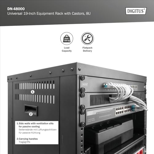 DIGITUS DN-48000 - Rack de Audio - 19 Pulgadas - 8U - Rack de Equipo Universal - para Accesorios de Audio y vídeo - Sin Montar - Carga máxima 136 kg - con Ruedas - Negro - imagen 4