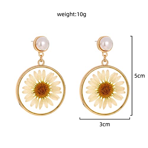 Bg&Wling Pressed Flower Silver Post Earrings For Women Hypoallergenic Daisy Flower Resin Round Circle Dangle Drop Earrings Fashion Jewelry For Women Girls (Pearl Post) #TOP5