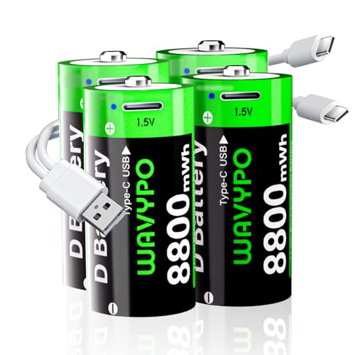 WAVYPO Rechargeable Lithium D Batteries, 8800mWh High Capacity D Cell Batteries with 2 in 1 USB-C Charging Cable, D Size Cell Battery Replacement for Floodlight Toys (4 Pack)