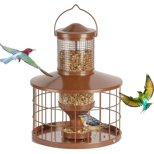 Caged Bird Feeders Squirrel-Proof, Metal, 2.8 Lbs Capacity-Cage Tube Seed Feeders with Tray Outdoor Hanging, Attract Birds,Detachable Cleaning, Starling Proof Wild Bird Feeder(Brown)