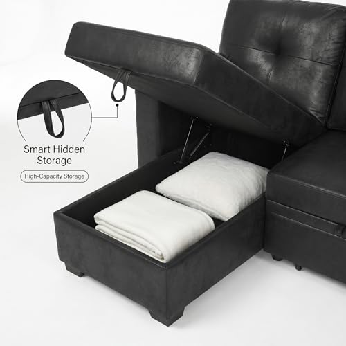 Image of 71 inch Black Convertible Sofa Bed, L-Shaped Pull Out Couch with Storage Chaise | TYBOATLE, Black Sleeper Sofa, Pull Out Couch Bed, Reversible Storage Chaise, Linen Fabric, Living Room, Apartment, Guest Room