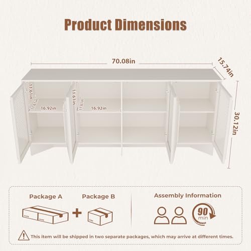 Image of ALLSTAND Sideboard Buffet Cabinet with Storage, 70'' Large Mid Century Modern Sideboard, Accent Credenza Storage Cabinet for Living Room Entryway Hallway, White