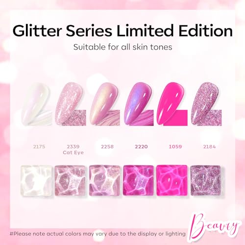 Image of modelones Cat Eye Gel Nail Polish Set Glitter 6Colors Pink Hot Pink Sparkle
