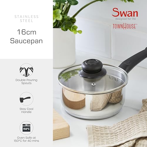 Swan Townhouse 16cm Stainless Steel Saucepan with Glass Lid, Suitable for All Hob Types (including induction), Dishwasher Safe, Stainless Steel