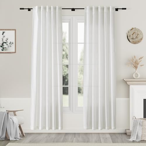Image of Off White Linen Curtains 80 inches Long for Bedroom Back Tab Light Filtering Privacy Sheer Curtains 2 Panel Set Modern Farmhouse Coastal Decor Cotton Textured Gauze Curtain 38x80 for Dinning Room