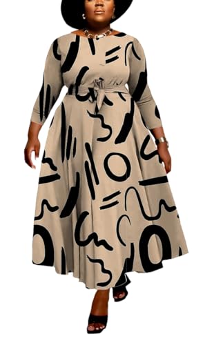 Image of Hostoyo Women Plus Size Formal A Line Maxi Dress Self Tie Waist with Pockets Elegant Round Neck Swing Long Dresses