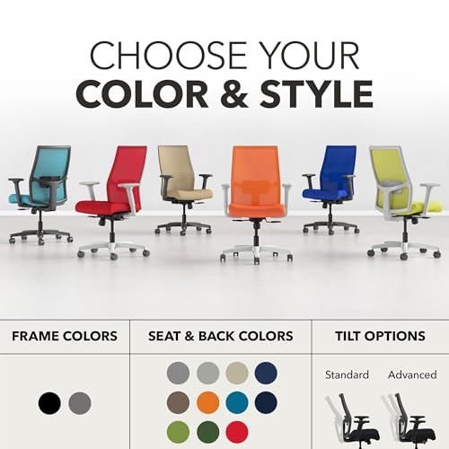Image of HON Ignition 2.0 Mid‑Back Ergonomic Office Chair, Mesh Task Desk Chair with Lumbar Support, Standard Synchro‑Tilt, Height and Width Adjustable Arms, Black Frame, Pear
