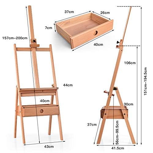 Caballete de artista con estante y cajón, caballete de madera de haya, caballete ajustable, caballete de estudio para lienzos de hasta 92 cm, caballete de suelo