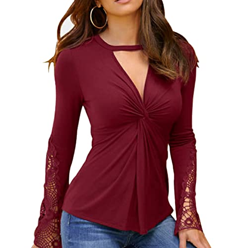 Túnica de Renda Com Decote Em V, Top Elegante de Manga de Renda Vazada para a Pele para Uso Diário F