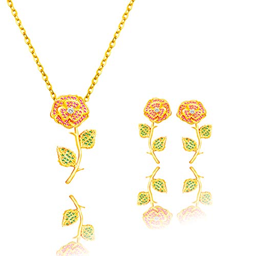 Frchalleretour Valentines Day Gifts Red Rose Flower Necklace Earrings Set Cute Jewelry Set 18k Gold Plated Flower Girl Jewelry Set Sensitive Pendant Necklace for Women or Little Girls Hypoallergenic