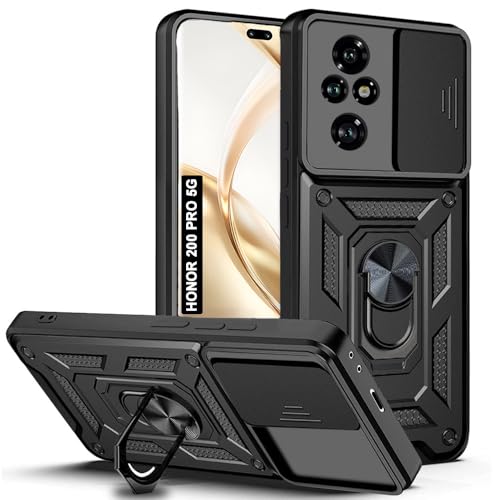 Image of AESTMO Tough Armor Honor 200 Pro 5G Bumper Back Case Cover | Ring Holder & Sliding Camera Shield Cover | 360 Degree Protection Back Case Cover for Honor 200 Pro (Black)