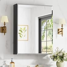 24x30 Inch Medicine Cabinet with Mirror, Aluminum Medicine Cabinet, Tempered Beveled Edge Mirror Single Door, Adjustable Shelves, Surface or Recessed Mount Bathroom Mirrors with Storage, Black