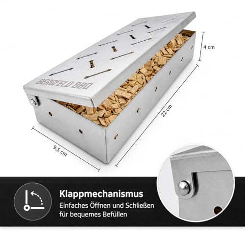 Bergfeld BBQ – Räucherbox inkl. Räucherchips für alle Grillarten – Smokerbox aus robustem Edelstahl zum Grillen – BBQ-Aroma für Fleisch, Fisch & Gemüse (Größe: 22 x 9,5 x 4 cm)