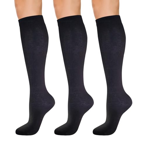 KONY Womens Cotton Knee High Socks - Casual Solid & Triple Stripe Colors Fashion Socks 3 Pairs (Womens Shoe Size 5-10) (Espresso - 3 Pairs)