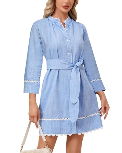 Women's Button Down Shirt Dress Fall 3/4 Sleeve Belted Tunic Casual Cotton Linen RIC Rac Trim Mini Dresses with Pockets