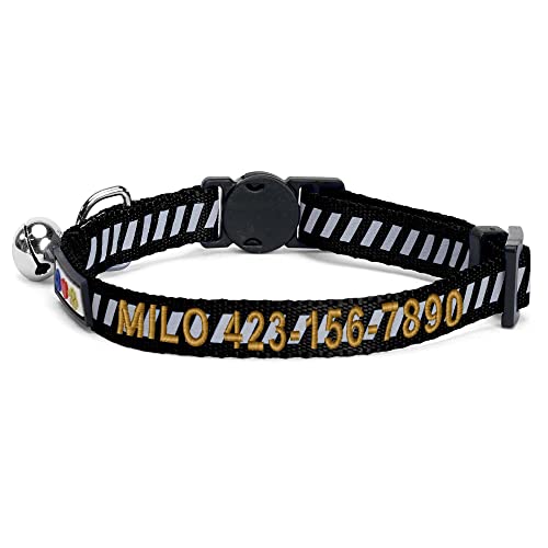 Image of Pawtitas Personalized Cat Collar With Breakaway Safety Release Buckle Adjustable Length | Cat Collar With Custom Embroidered For Your Pet's Name And Phone Number | Black Cat Collar With Removable Bell