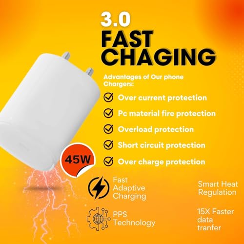 Image of AINE 45W USB-C Fast Charging Adapter Compatible with Nothing Phone 3a /3a Pro /2a /2a Plus Supports Up to 50w Power Charger for 5000 mAh Battery | Original Rapid Charging, White